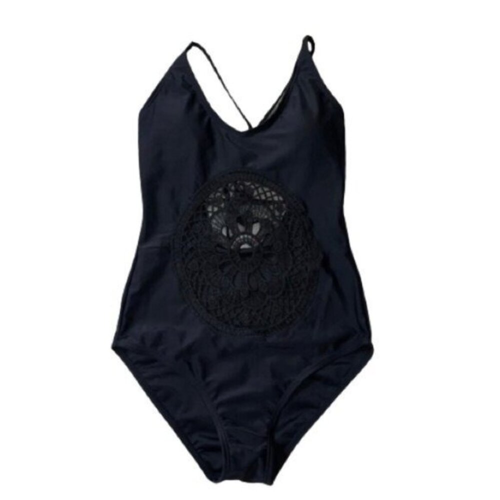 YMI Black Cutout Lace Center One Piece Swimsuit - Picture 1 of 5